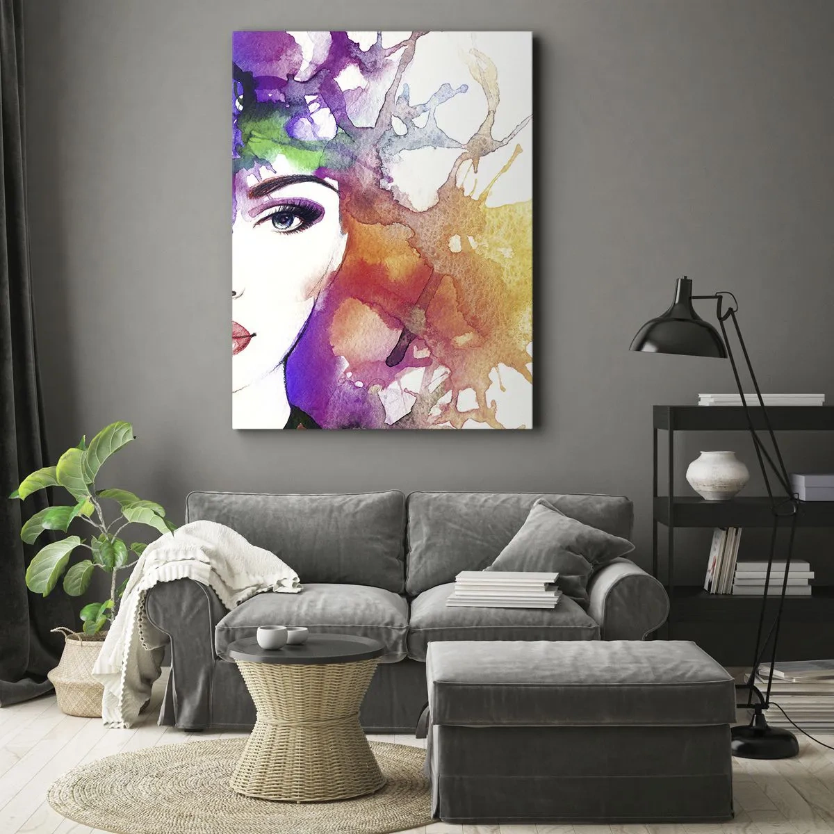 Bild auf Leinwand - Leinwandbild - Porträt einer Frau in Aquarellfarben mit abstrakten Flecken - 50x70cm - Mit dem Kopf in den Wolken - Moderne Wanddekoration für Wohnzimmer und Schlafzimmer ARTTOR