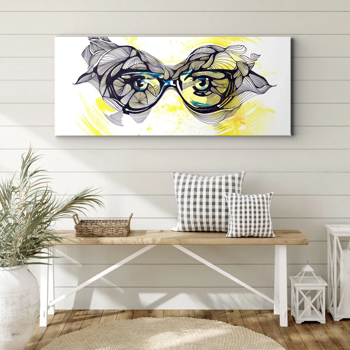 Bild auf Leinwand - Leinwandbild - Künstlerische Grafik einer Brille mit ausdrucksstarken Augen - 160x50cm - Durch blaue Brille - Moderne Wanddekoration für Wohnzimmer und Schlafzimmer ARTTOR