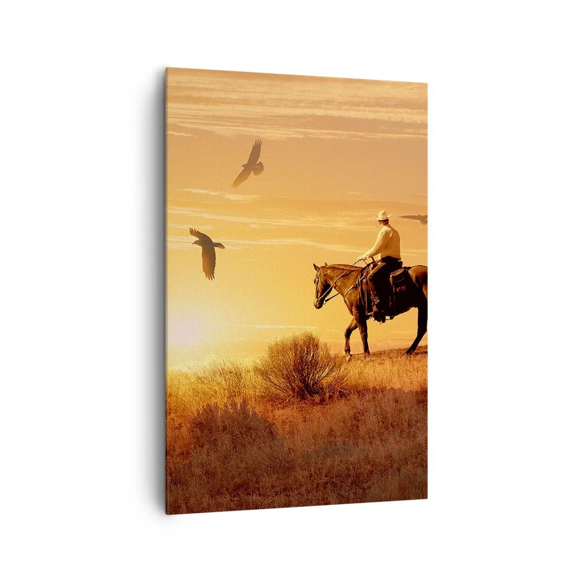 Bild auf Leinwand - Leinwandbild - Ein Reiter auf einem Pferd bei Sonnenuntergang vor der Prärie - 80x120cm - Allein durch die Prärie - Moderne Wanddekoration für Wohnzimmer und Schlafzimmer ARTTOR