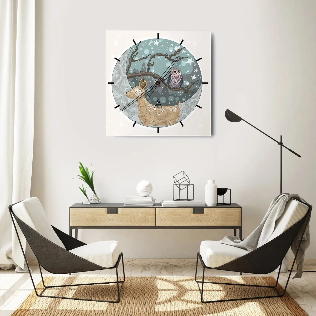 Wanduhr - Glasuhr - Ein Reh und eine Eule in einer märchenhaften Nachtlandschaft - 30x30cm - Eine märchenhafte Waldnacht - Moderne Wanddekoration für Wohnzimmer und Schlafzimmer ARTTOR