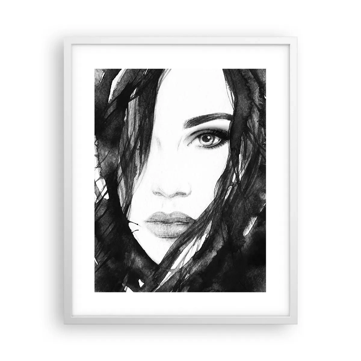 Poster in einem weißen Rahmen - Porträt einer Dame in Schwarzweiß - 40x50 cm