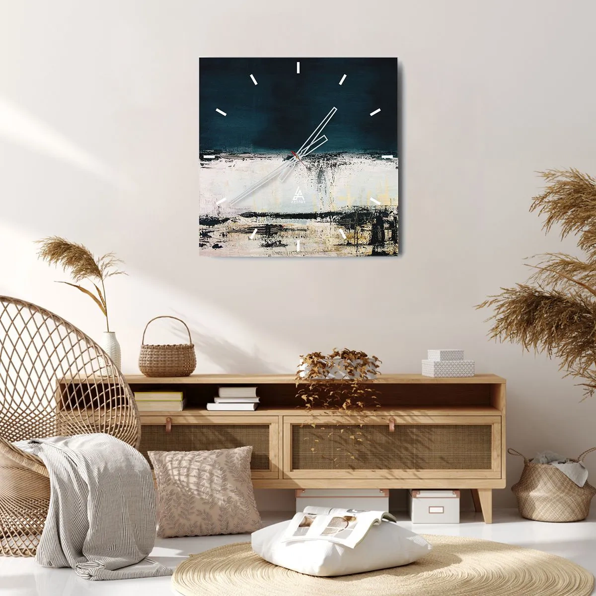 Wanduhr - Glasuhr - Abstrakte horizontale Komposition in Marineblau- und Weißtönen - 30x30cm - Horizontale Komposition - Moderne Wanddekoration für Wohnzimmer und Schlafzimmer ARTTOR