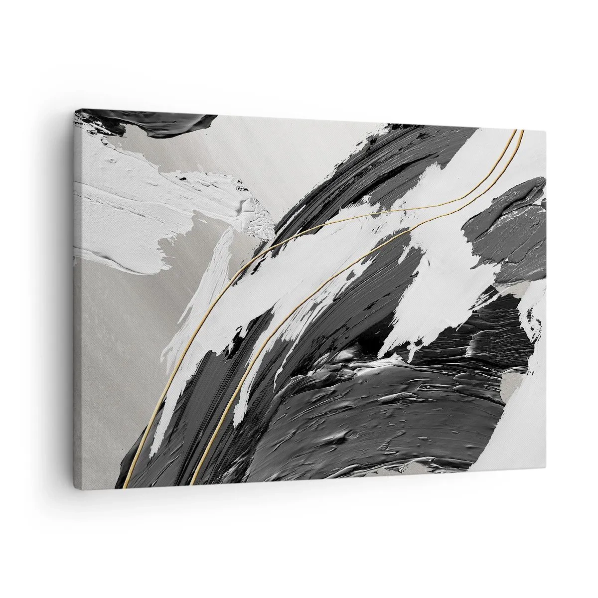Bild auf Leinwand - Leinwandbild - Schwarze und weiße Pinselstriche mit einem subtilen goldenen Akzent - 70x50cm - Abstraktion in großem Stil - Moderne Wanddekoration für Wohnzimmer und Schlafzimmer ARTTOR