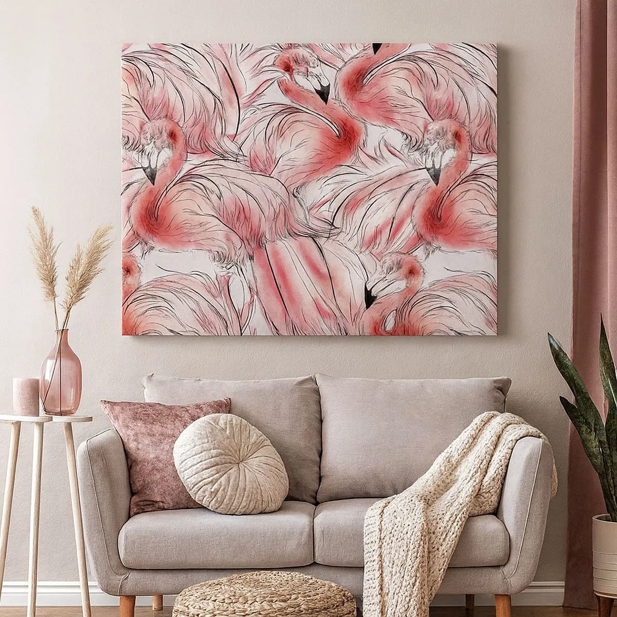 Bild auf Leinwand - Leinwandbild - Zarte Zeichnungen von rosa Flamingos - 70x50cm - Bird Corps de Ballet - Moderne Wanddekoration für Wohnzimmer und Schlafzimmer ARTTOR