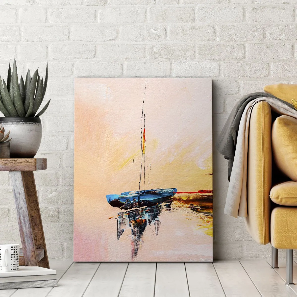 Bild auf Leinwand - Leinwandbild - Bunte Boote auf ruhigem Wasser bei Sonnenuntergang - 70x100cm - Abend im Yachthafen - Moderne Wanddekoration für Wohnzimmer und Schlafzimmer ARTTOR