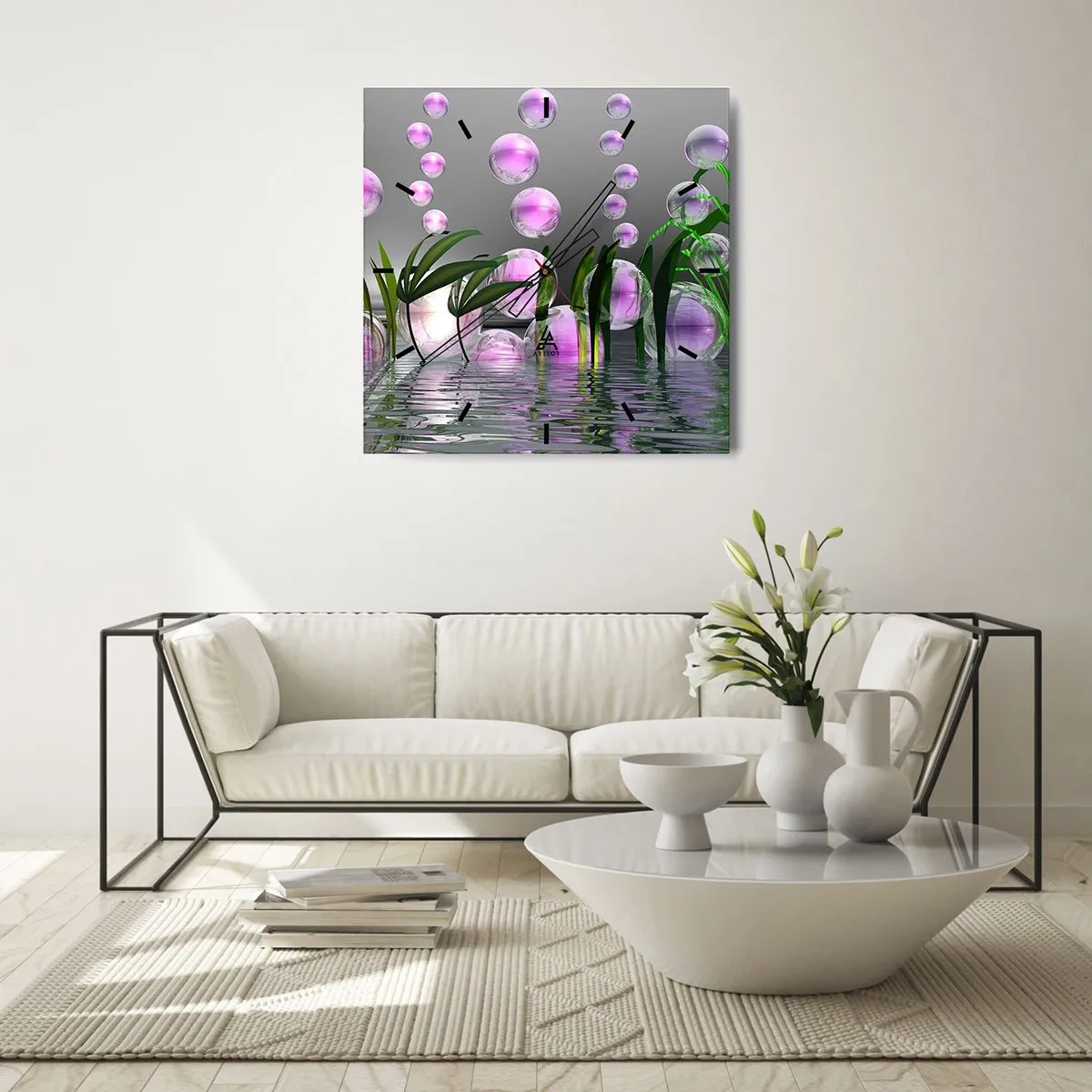 Wanduhr - Glasuhr - Grüne Blätter und rosa Blasen über dem Wasser auf grauem Hintergrund - 30x30cm - Eine reflektierende Komposition aus Leichtigkeit und Leben - Moderne Wanddekoration für Wohnzimmer und Schlafzimmer ARTTOR