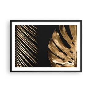 Poster in einem schwarzem Rahmen - Goldene Blätter auf schwarzem Hintergrund - 70x50cm - Anders und genauso teuer - Moderne Wanddekoration für Wohnzimmer und Schlafzimmer ARTTOR