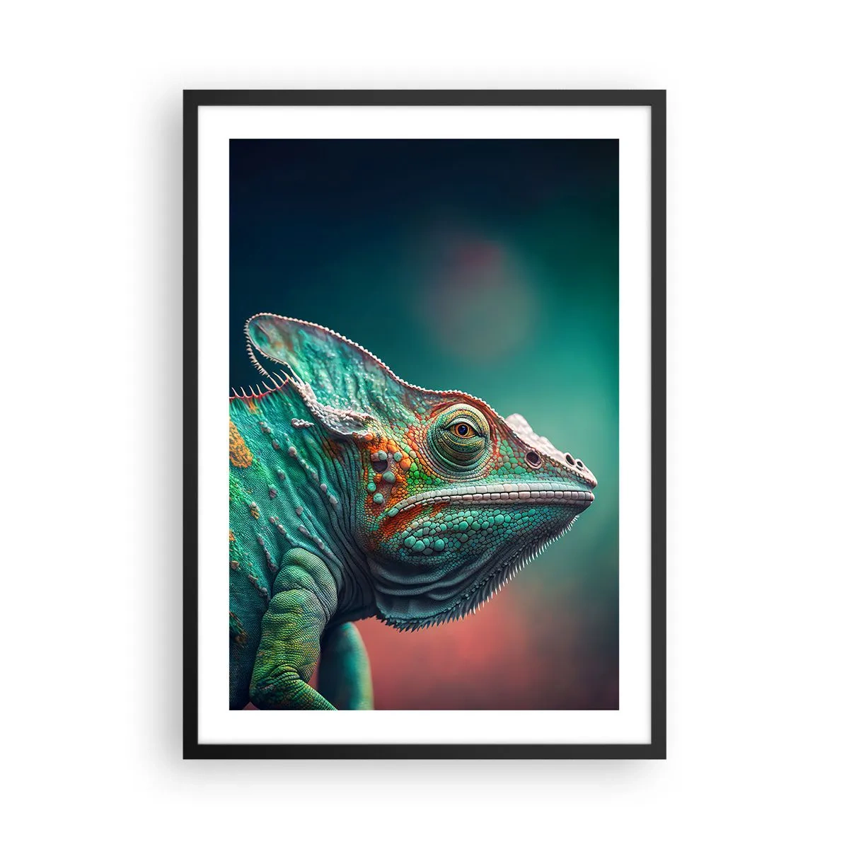 Poster in einem schwarzem Rahmen - Ein farbenfrohes Chamäleon auf auffälligem Hintergrund - 50x70cm - Siehst du mich? Nicht gut… - Moderne Wanddekoration für Wohnzimmer und Schlafzimmer ARTTOR