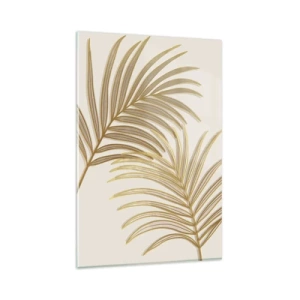 Glasbild - Bild auf glas - Goldene Palmblätter auf hellem Hintergrund im minimalistischen Stil - 80x120cm - Goldene Palme! - Moderne Wanddekoration für Wohnzimmer und Schlafzimmer ARTTOR