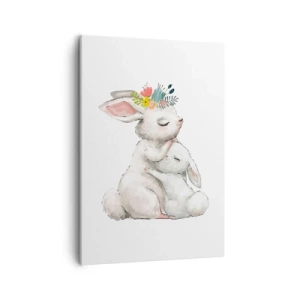 Bild auf Leinwand - Leinwandbild - Niedliche Kaninchen in Pastellfarben - 50x70cm - Bei Mama ist's am schönsten - Moderne Wanddekoration für Wohnzimmer und Schlafzimmer ARTTOR