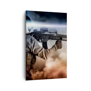 Bild auf Leinwand - Leinwandbild - Ein Soldat im Einsatz mit einem Gewehr vor einem Hintergrund aus Wolken und Licht. - 80x120cm - Nur ein Held - Moderne Wanddekoration für Wohnzimmer und Schlafzimmer ARTTOR