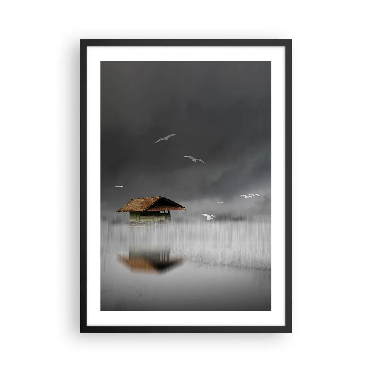 Poster in einem schwarzem Rahmen - Ein Hausboot umgeben von Nebel mit Vögeln vor dunklem Hintergrund - 50x70cm - Schutz vor Regen - Moderne Wanddekoration für Wohnzimmer und Schlafzimmer ARTTOR