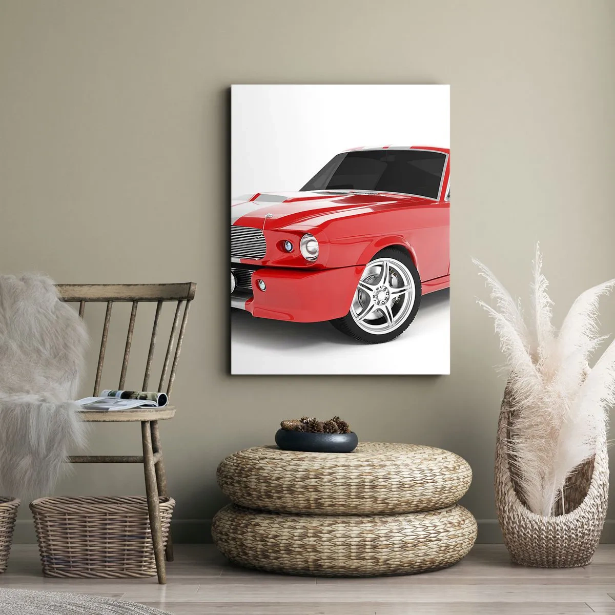 Bild auf Leinwand - Leinwandbild - Roter Sportwagen mit weißen Streifen - 50x70cm - Ein Mustang so schnell wie der Wind - Moderne Wanddekoration für Wohnzimmer und Schlafzimmer ARTTOR