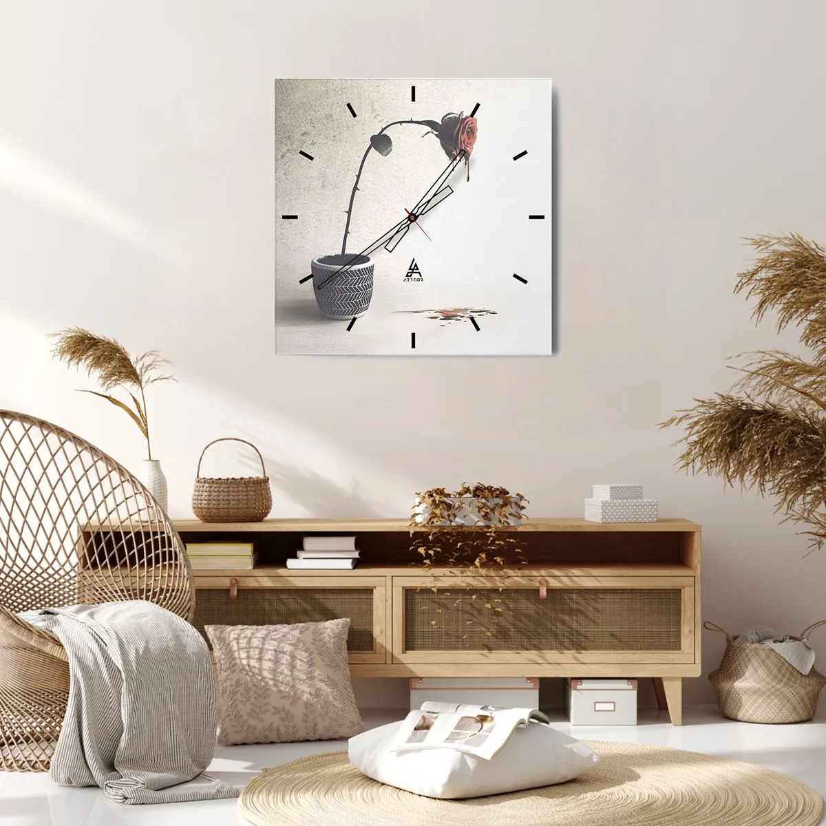 Wanduhr - Glasuhr - Eine rote Rose in einem Topf mit Farbtropfen auf weißem Hintergrund - 30x30cm - Rosa dolorosa - Moderne Wanddekoration für Wohnzimmer und Schlafzimmer ARTTOR