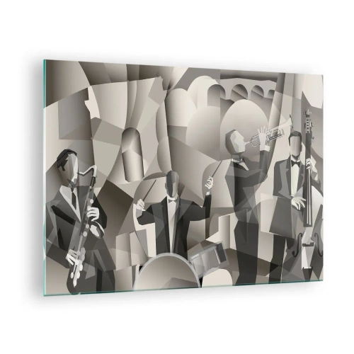 Glasbild - Bild auf glas - Stilisierte Jazzband-Bühne in monochromen Tönen - 70x50cm - Im Raum der Klänge - Moderne Wanddekoration für Wohnzimmer und Schlafzimmer ARTTOR