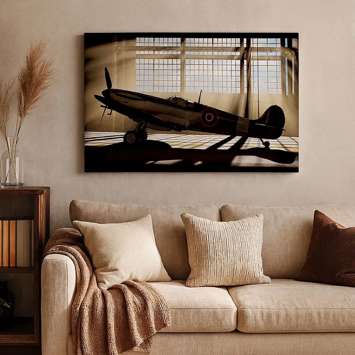 Bild auf Leinwand - Leinwandbild - Ein historisches Flugzeug in einem Hangar, beleuchtet vom Sonnenlicht - 70x50cm - Die Ruhe eines Kriegers - Moderne Wanddekoration für Wohnzimmer und Schlafzimmer ARTTOR