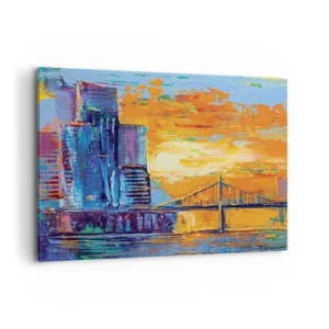 Bild auf Leinwand - Leinwandbild - Eine farbenfrohe Stadt mit einer Brücke in der untergehenden Sonne - 100x70cm - Kultur und Natur - Moderne Wanddekoration für Wohnzimmer und Schlafzimmer ARTTOR