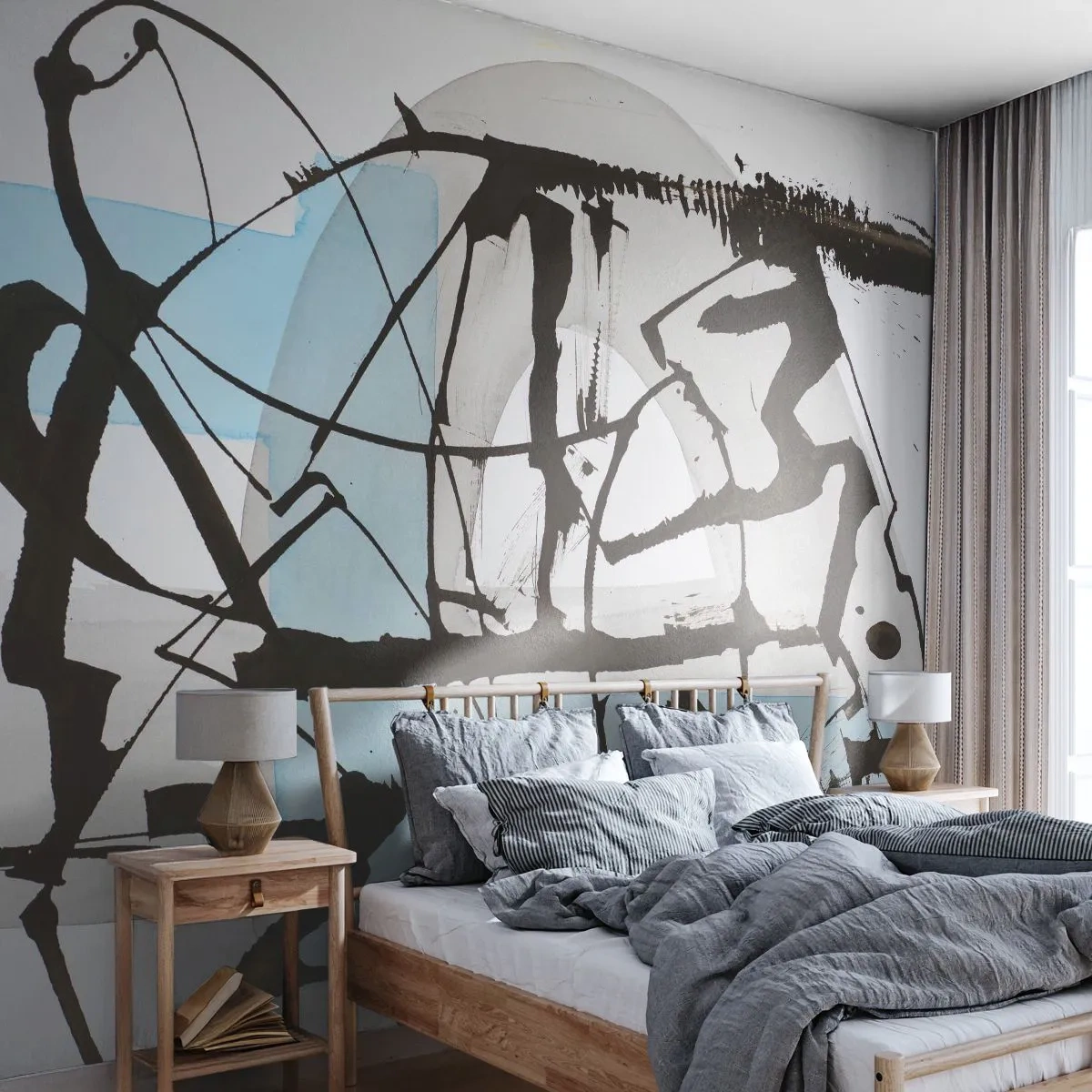 Fototapete Premium Sand - Abstrakte Grafik mit Schwarz und Blau auf hellem Hintergrund - 100x70cm - Trotzdem blau - Moderne Wanddekoration für Wohnzimmer und Schlafzimmer ARTTOR