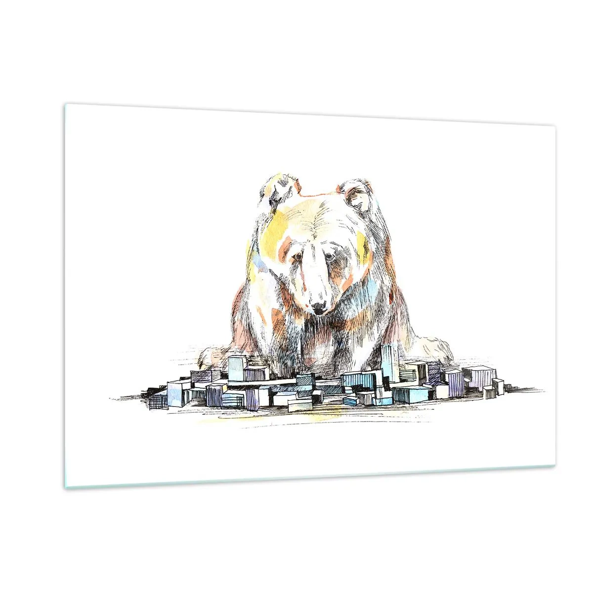 Glasbild - Bild auf glas - Ein Bär, der in einer künstlerischen Komposition die Stadt betrachtet - 120x80cm - Wie kann man so leben? - Moderne Wanddekoration für Wohnzimmer und Schlafzimmer ARTTOR