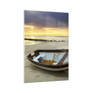 Glasbild - Bild auf glas - Ein Boot an einem Sandstrand bei Sonnenuntergang - 70x100cm - Es gibt keine schöneren Strände - Moderne Wanddekoration für Wohnzimmer und Schlafzimmer ARTTOR