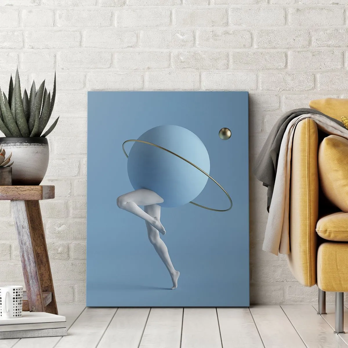 Bild auf Leinwand - Leinwandbild - Eine blaue Kugel mit einer Umlaufbahn und menschlichen Beinen vor dem Himmel - 50x70cm - Und die Planeten spielen verrückt - Moderne Wanddekoration für Wohnzimmer und Schlafzimmer ARTTOR