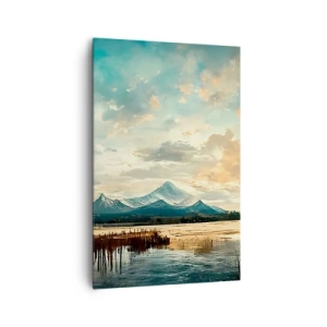 Bild auf Leinwand - Leinwandbild - Eine malerische Landschaft mit einem Berg und einem ruhigen See - 80x120cm - Unter dem Schutz des Himmels - Moderne Wanddekoration für Wohnzimmer und Schlafzimmer ARTTOR