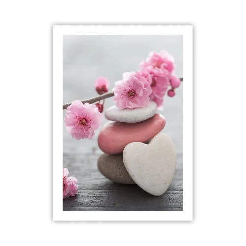 Poster - Herzförmige Steine mit rosa Kirschblüten - 50x70cm - Glückseligkeit mit einer Kirschblüte - Moderne Wanddekoration für Wohnzimmer und Schlafzimmer ARTTOR