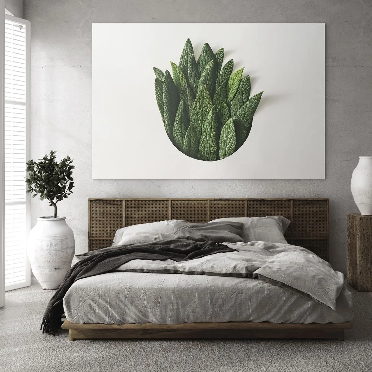 Glasbild - Bild auf glas - Grüne Blätter in Form einer Vase auf weißem Hintergrund angeordnet - 70x50cm - Ungebremste Neugier - Moderne Wanddekoration für Wohnzimmer und Schlafzimmer ARTTOR