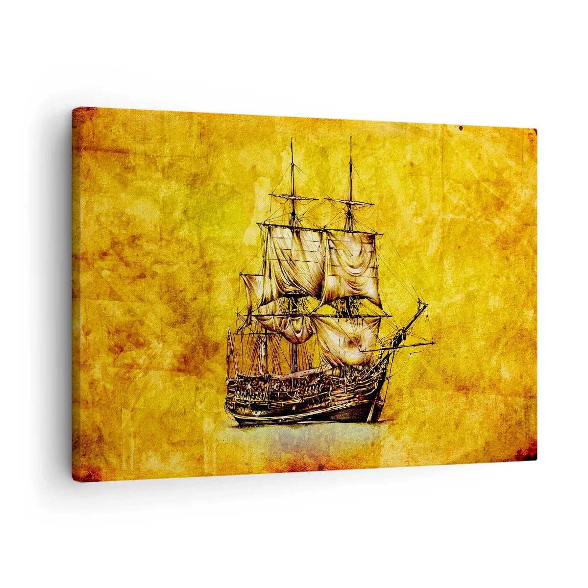 Bild auf Leinwand - Leinwandbild - Eine stilisierte Zeichnung eines Segelschiffs auf goldenem Hintergrund mit Vintage-Feeling. - 70x50cm - Richtung Tortuga! - Moderne Wanddekoration für Wohnzimmer und Schlafzimmer ARTTOR