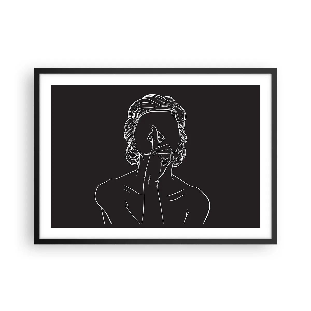Poster in einem schwarzem Rahmen - Minimalistische Silhouette einer Frau auf schwarzem Hintergrund - 70x50cm - Schönheit erblüht in der Stille - Moderne Wanddekoration für Wohnzimmer und Schlafzimmer ARTTOR