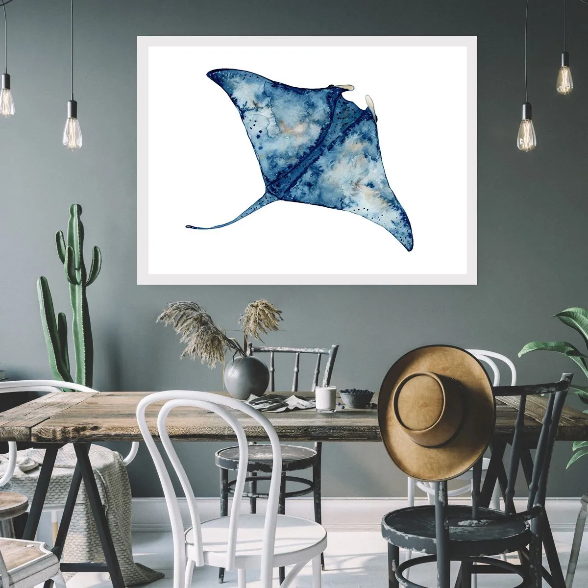 Poster - Blauer Stachelrochen im Aquarellstil auf weißem Hintergrund - 100x70cm - Leben im Blau - Moderne Wanddekoration für Wohnzimmer und Schlafzimmer ARTTOR