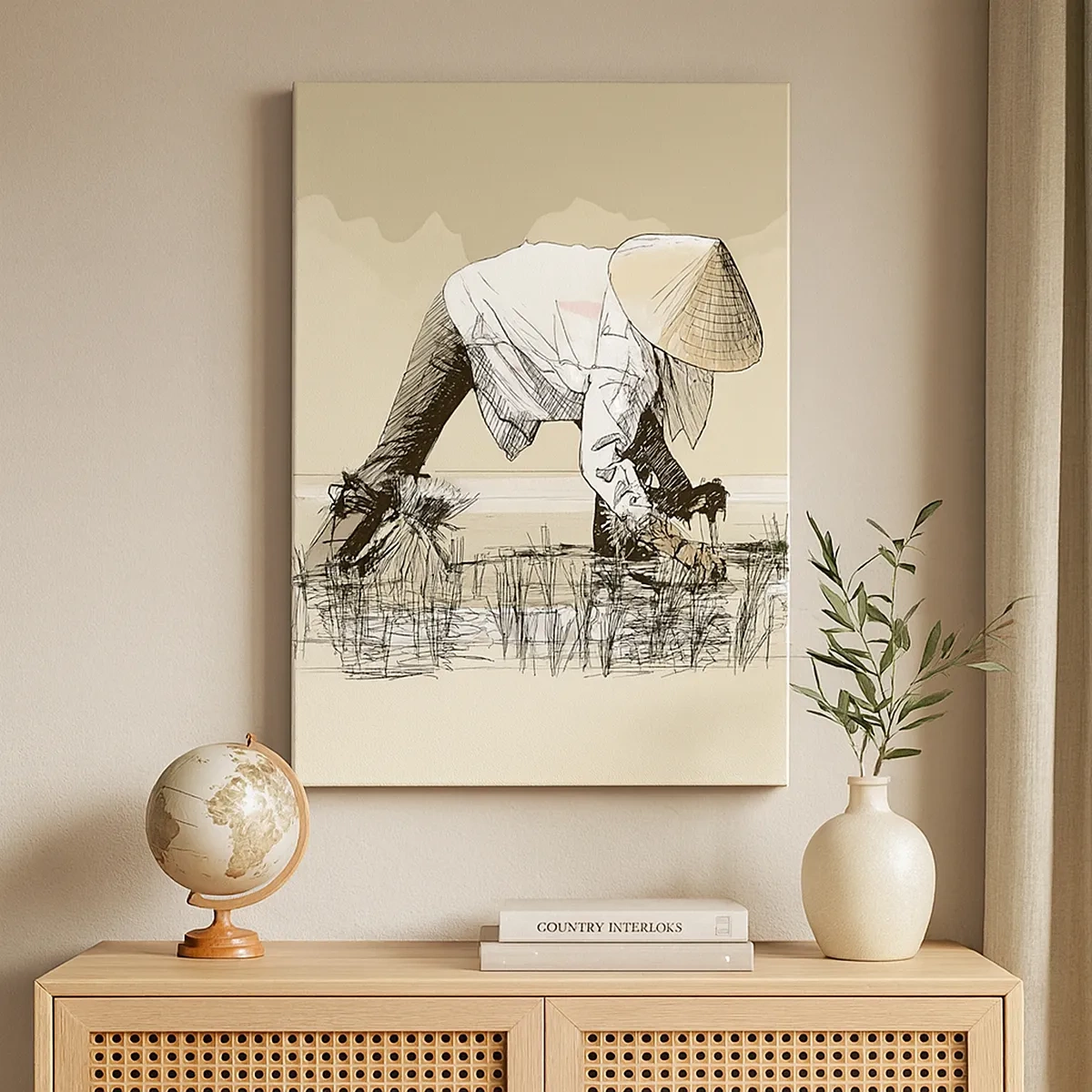 Bild auf Leinwand - Leinwandbild - Bauern bei der Arbeit auf einem Reisfeld mit traditioneller Kopfbedeckung - 50x70cm - Erfolgreiche Ernte - Moderne Wanddekoration für Wohnzimmer und Schlafzimmer ARTTOR