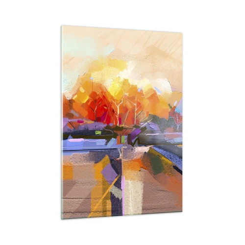 Glasbild - Bild auf glas - Abstrakte Landschaft mit Sonnenuntergang und bunten Feldern - 50x70cm - Der Herbst ist geworden - Moderne Wanddekoration für Wohnzimmer und Schlafzimmer ARTTOR