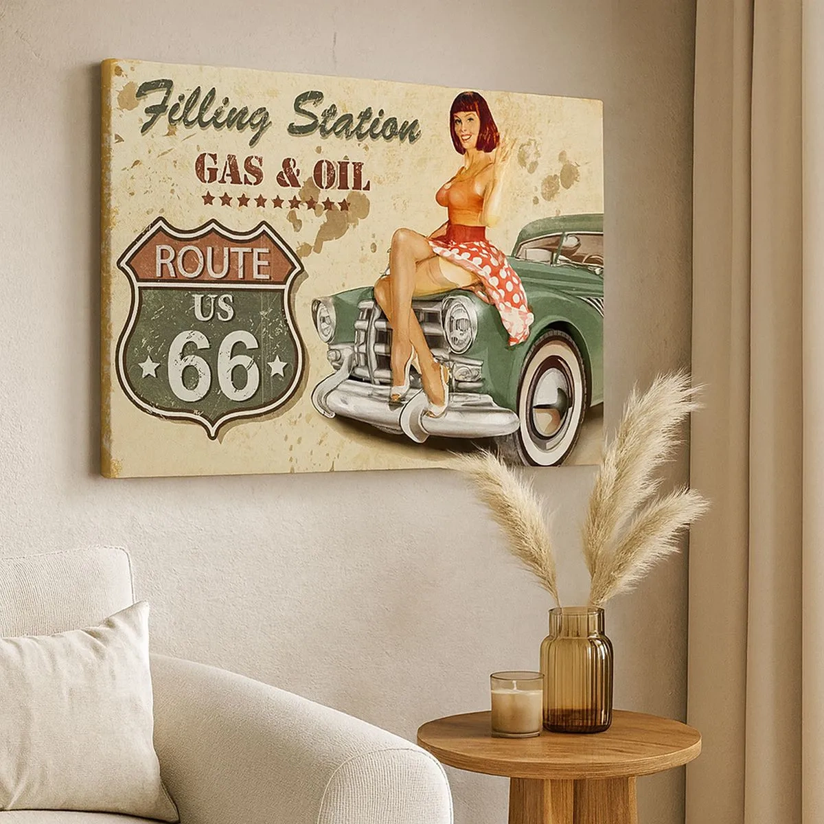 Bild auf Leinwand - Leinwandbild - Retro-Route 66-Poster mit Pin-up-Girl und Auto - 70x50cm - Die großen Jahre der 40er. - Moderne Wanddekoration für Wohnzimmer und Schlafzimmer ARTTOR