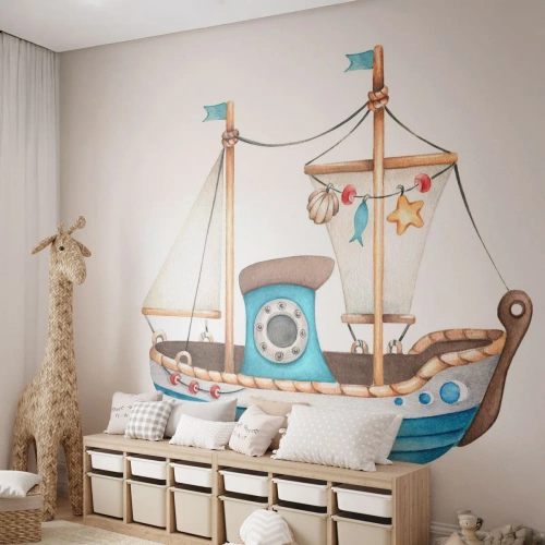 Fototapete Premium Sand - Illustriertes Segelschiff im kindlichen Stil auf weißem Hintergrund - 100x70cm - Ahoi, Abenteuer! - Moderne Wanddekoration für Wohnzimmer und Schlafzimmer ARTTOR