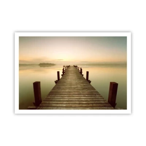 Poster - Ein Holzsteg an einem ruhigen See am Morgen - 100x70cm - Tagesanbruch, Morgendämmerung, Licht - Moderne Wanddekoration für Wohnzimmer und Schlafzimmer ARTTOR
