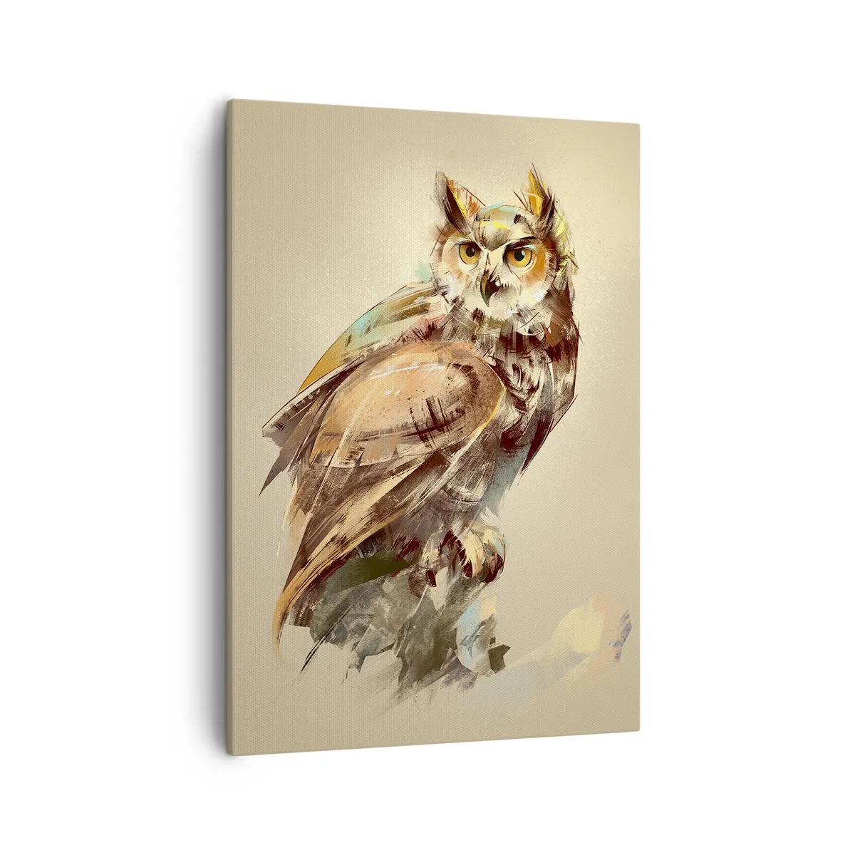 Bild auf Leinwand - Leinwandbild - Künstlerisches Porträt einer Eule vor hellem Hintergrund in warmen Farbtönen. - 50x70cm - Die klügste Eule - bestätigt den Eichenwald - Moderne Wanddekoration für Wohnzimmer und Schlafzimmer ARTTOR