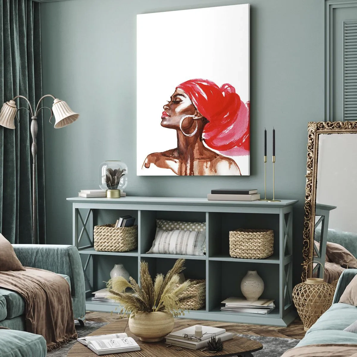 Bild auf Leinwand - Leinwandbild - Profil einer Frau mit rotem Turban und Ohrringen - 50x70cm - Es weht ein Wind, der die Nase eines Mannes öffnet - Moderne Wanddekoration für Wohnzimmer und Schlafzimmer ARTTOR
