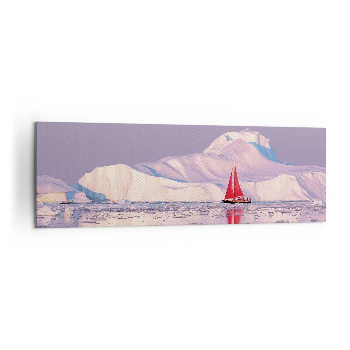 Bild auf Leinwand - Leinwandbild - Ein rotes Segel vor der Kulisse eisiger Berge und eines Vollmonds. - 160x50cm - Die Hitze des Segels, die Kälte des Eises - Moderne Wanddekoration für Wohnzimmer und Schlafzimmer ARTTOR