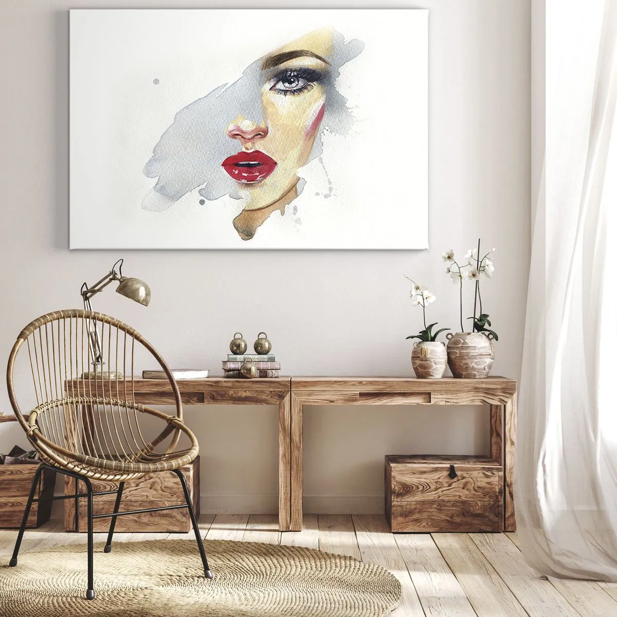 Bild auf Leinwand - Leinwandbild - Ein Aquarellporträt einer Frau mit intensivem Blick. - 70x50cm - Abspiegeln in einem Wassertropfen - Moderne Wanddekoration für Wohnzimmer und Schlafzimmer ARTTOR
