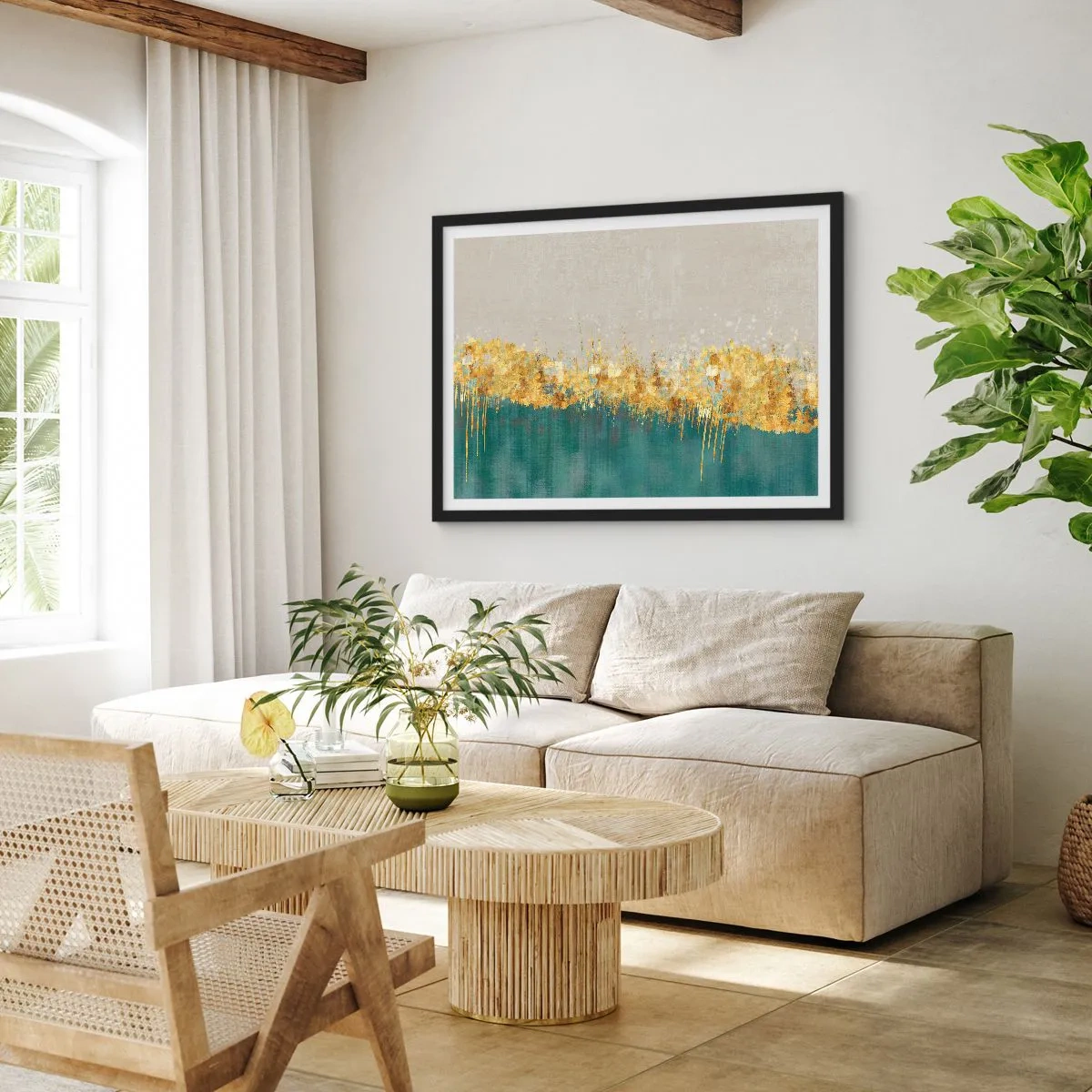 Poster in einem schwarzem Rahmen - Goldene Akzente auf grün-beigem Untergrund - 70x50cm - Goldener Rand - Moderne Wanddekoration für Wohnzimmer und Schlafzimmer ARTTOR