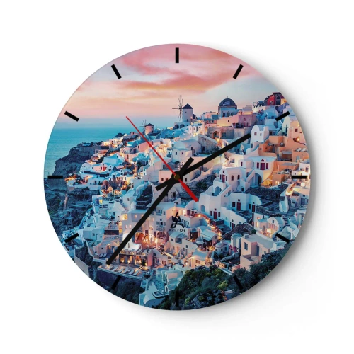 Wanduhr - Glasuhr - Blick auf weiße Gebäude auf einer Klippe bei Sonnenuntergang - 30x30cm - Dein toller griechischer Urlaub - Moderne Wanddekoration für Wohnzimmer, Küche und Schlafzimmer ARTTOR