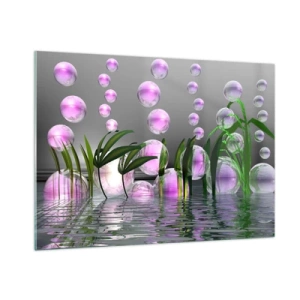Glasbild - Bild auf glas - Lila Blasen schweben über dem Wasser mit Pflanzen - 100x70cm - Eine reflektierende Komposition aus Leichtigkeit und Leben - Moderne Wanddekoration für Wohnzimmer und Schlafzimmer ARTTOR