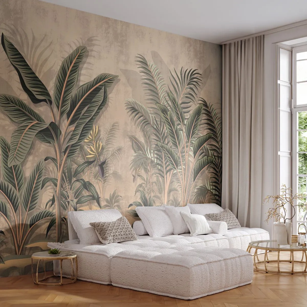 Fototapete Standard Eco - Tropische Vegetation im Kolonialstil auf beigem Hintergrund - 100x70cm - Eine Gravur im Kolonialstil - Moderne Wanddekoration für Wohnzimmer und Schlafzimmer ARTTOR