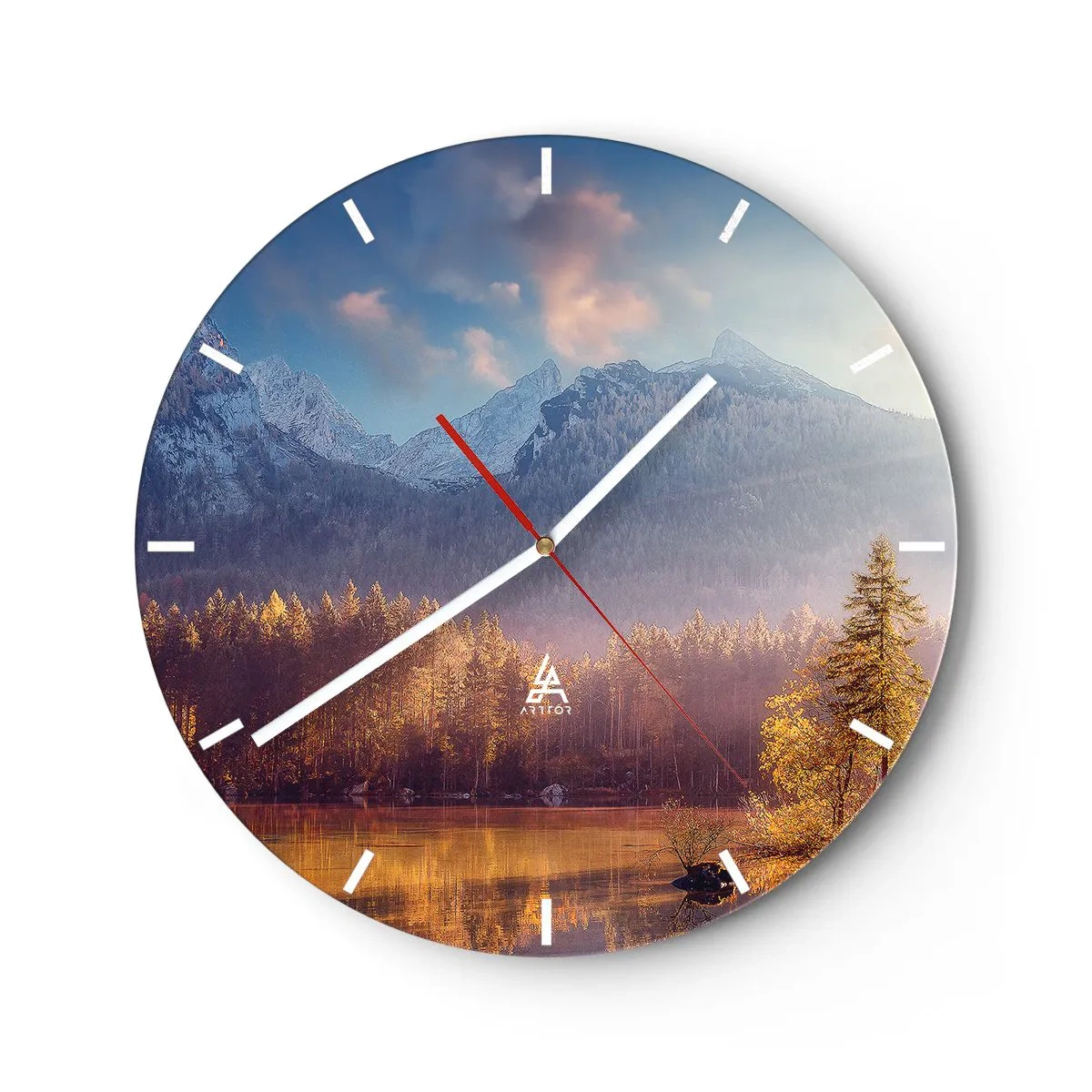 Wanduhr - Glasuhr - Berglandschaft bei Sonnenuntergang mit Spiegelung im See - 30x30cm - In den Bergen und Tälern - Moderne Wanddekoration für Wohnzimmer, Küche und Schlafzimmer ARTTOR