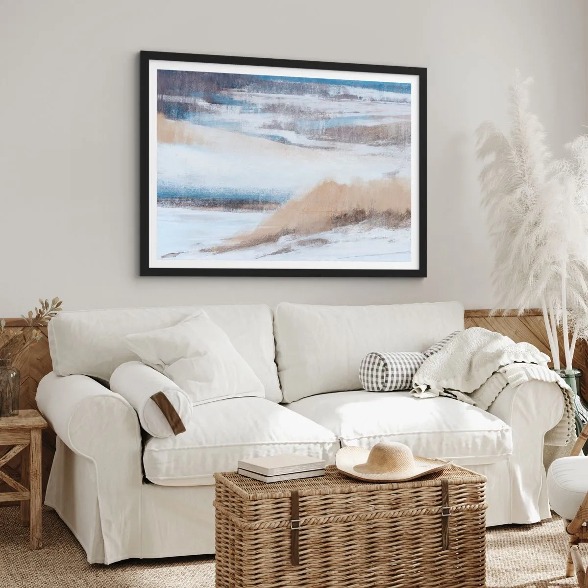 Poster in einem schwarzem Rahmen - Abstrakte Winterlandschaft in Weiß- und Blautönen - 100x70cm - Winterkomposition - Moderne Wanddekoration für Wohnzimmer und Schlafzimmer ARTTOR