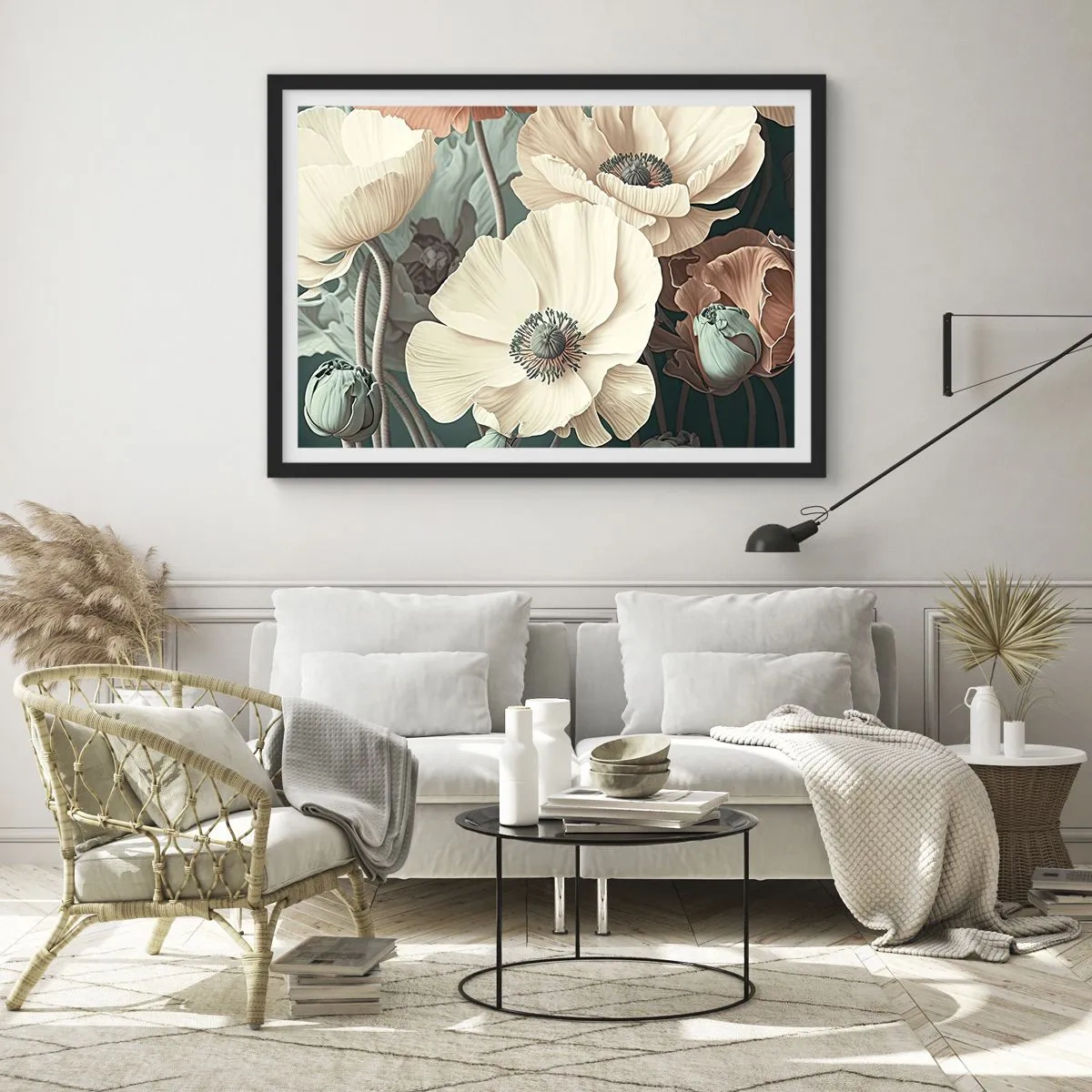 Poster in einem schwarzem Rahmen - Elegante Blumen in Pastelltönen auf grünem Hintergrund - 100x70cm - Flüstern von Mohnblumen - Moderne Wanddekoration für Wohnzimmer und Schlafzimmer ARTTOR