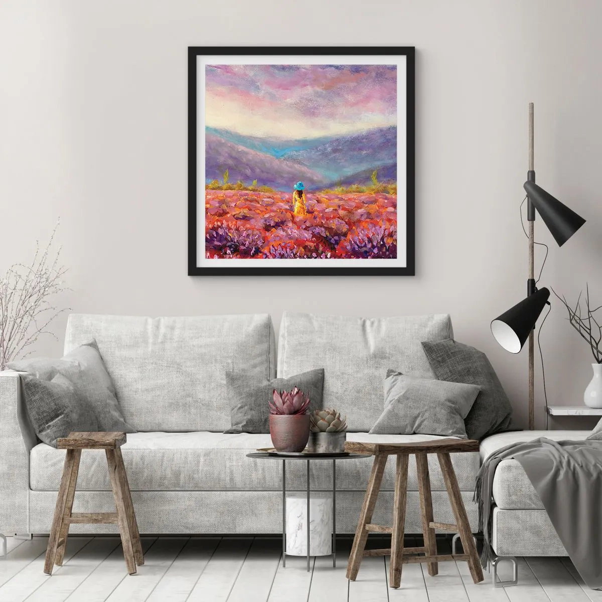 Poster in einem schwarzem Rahmen - In einer Lavendelwelt - 40x40 cm
