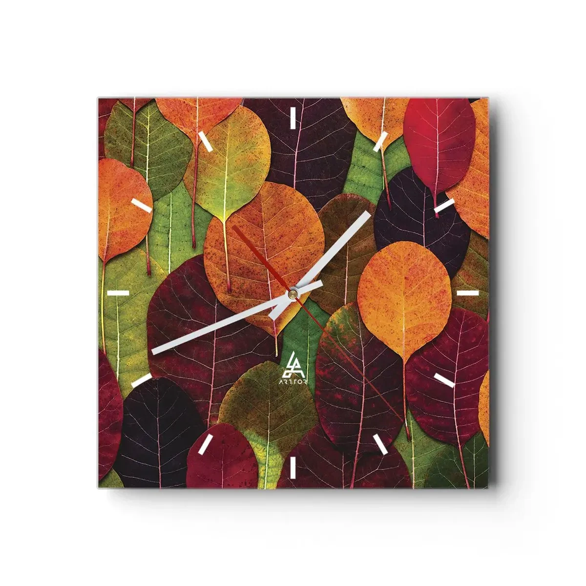 Wanduhr - Glasuhr - Bunte Blätter in einem herbstlichen Muster angeordnet - 30x30cm - Herbstmosaik - Moderne Wanddekoration für Wohnzimmer und Schlafzimmer ARTTOR