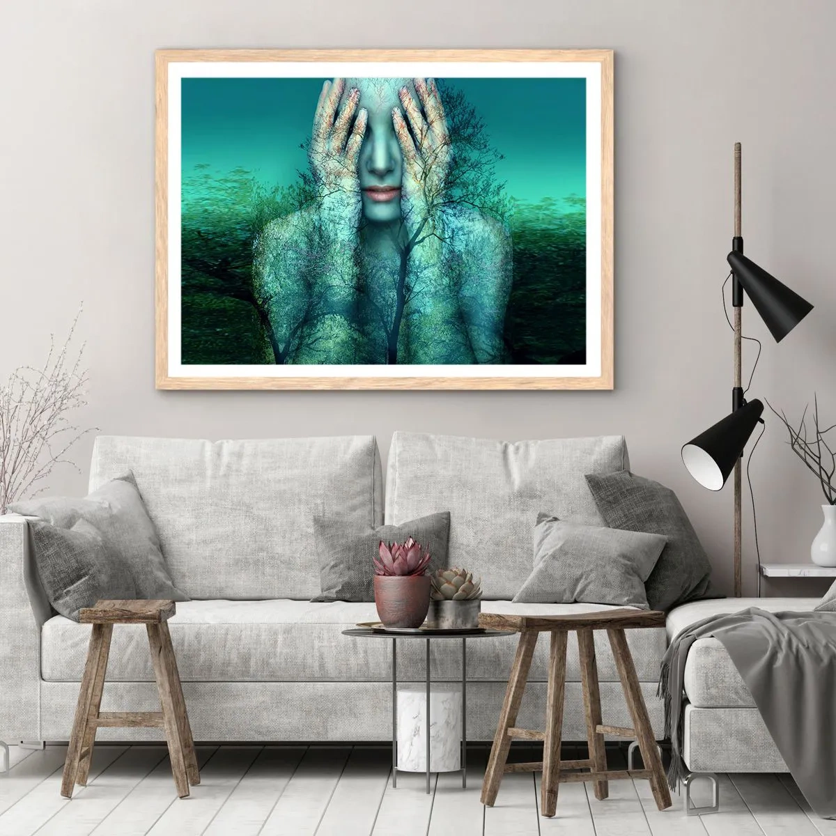 Poster in einem Rahmen aus heller Eiche - Eingetaucht in Blau - 100x70 cm